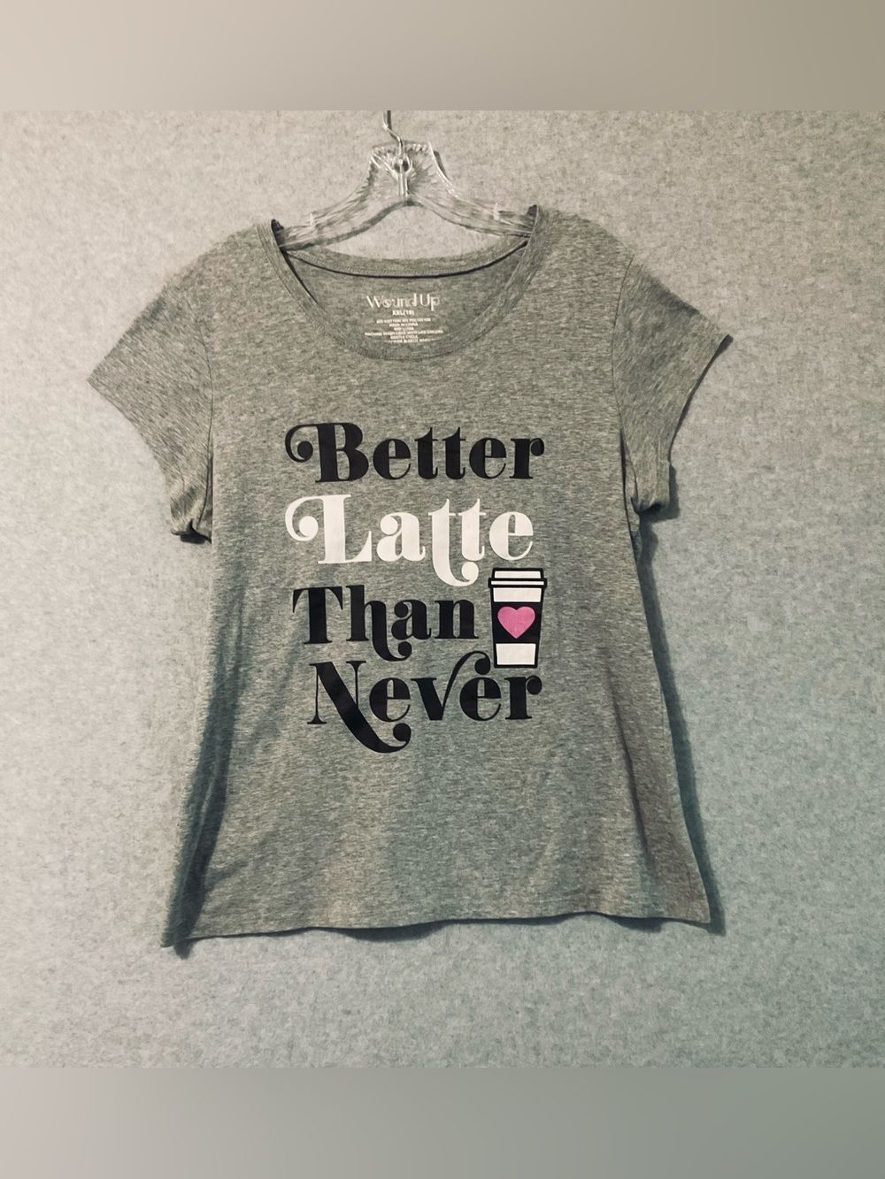 Wound Up Girl's Gray 'Better Latte Than Never' Graphic Tee with Pink Accent XXL